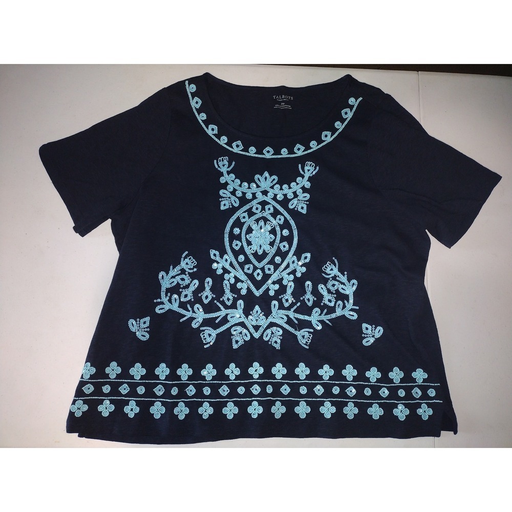 Talbots Woman Petite 3XP Navy Blue Sequin Beaded Embroidered Cotton Top Tee